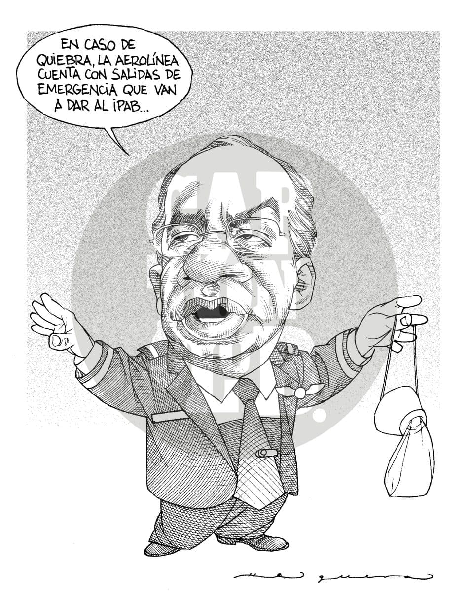 Un funcionario vestido de sobrecargo advierte que, en caso de quiebra, las salidas de emergencia de la aerolínea llevan al IPAB, criticando el rescate financiero con fondos públicos.