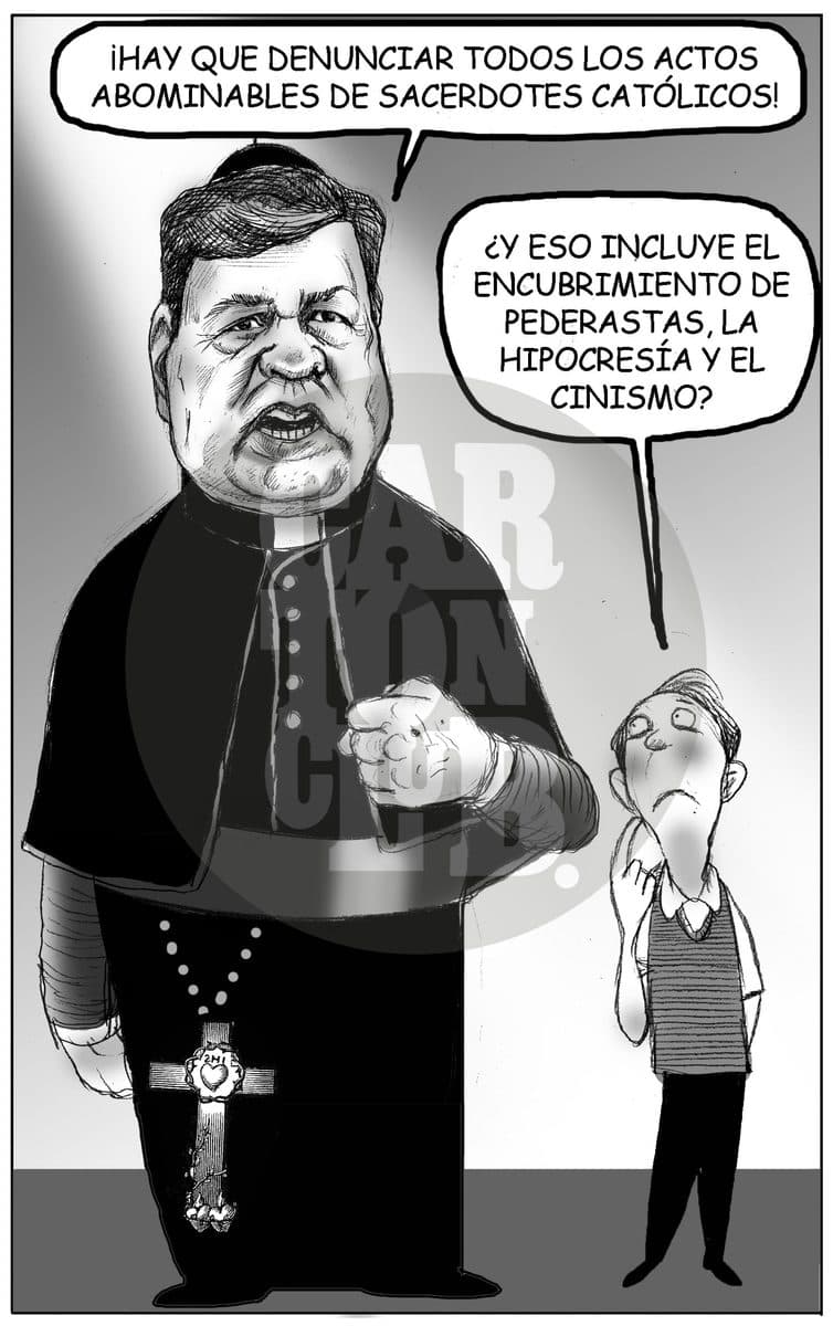 Un clérigo pide que se denuncien los actos abominables de sacerdotes católicos, mientras un joven le responde preguntando si eso incluye el encubrimiento, la hipocresía y el cinismo de la propia iglesia.