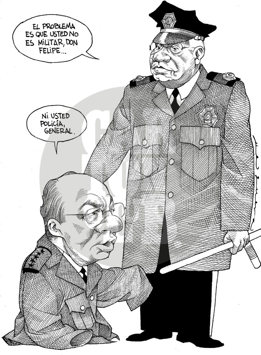 Un general reprocha a un funcionario llamado Felipe no ser militar, quien le responde que él tampoco es policía, evidenciando la confusión de roles entre fuerzas armadas y policiales en la seguridad pública.