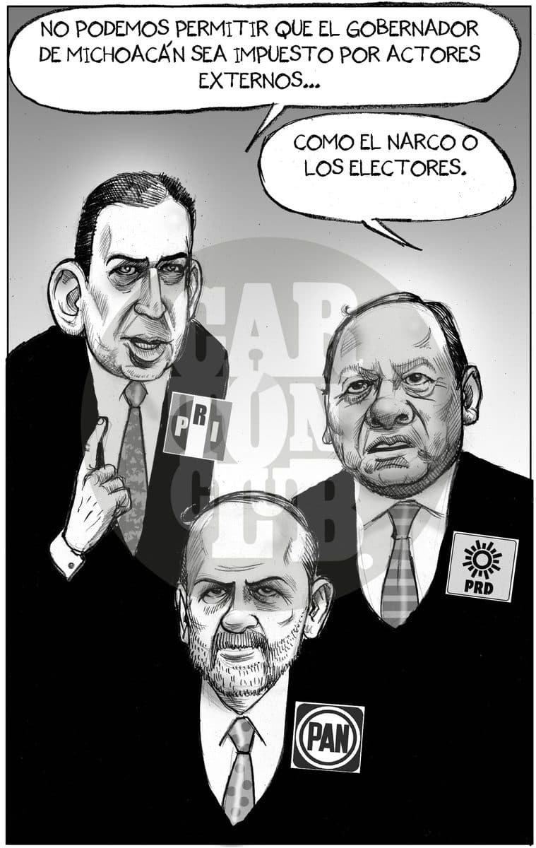 Tres políticos con logotipos de PRI, PAN y PRD discuten sobre la imposición del gobernador de Michoacán, señalando al narco y a los electores como actores externos indeseables.