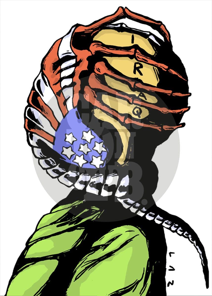 Una calavera formada por huesos con los colores de la bandera de Estados Unidos y la palabra IRAQ escrita en ella, aludiendo a las víctimas de la guerra en Irak.