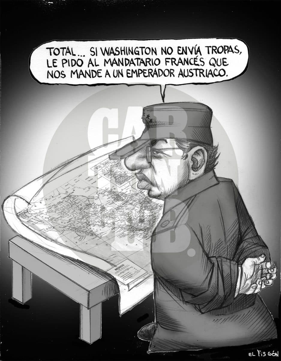 Un militar observa un mapa de México y bromea con pedir que Francia envíe de nuevo un emperador austriaco si Washington no manda tropas, aludiendo irónicamente a la historia de intervención extranjera en México.