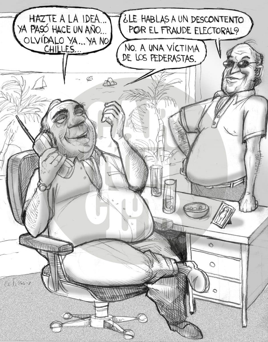 Un hombre despreocupado consuela por teléfono a alguien diciéndole que olvide lo ocurrido hace un año, y su interlocutora aclara que no habla con un descontento por el fraude electoral sino con una víctima de pederastas, equiparando el trato dado a ambos reclamos.