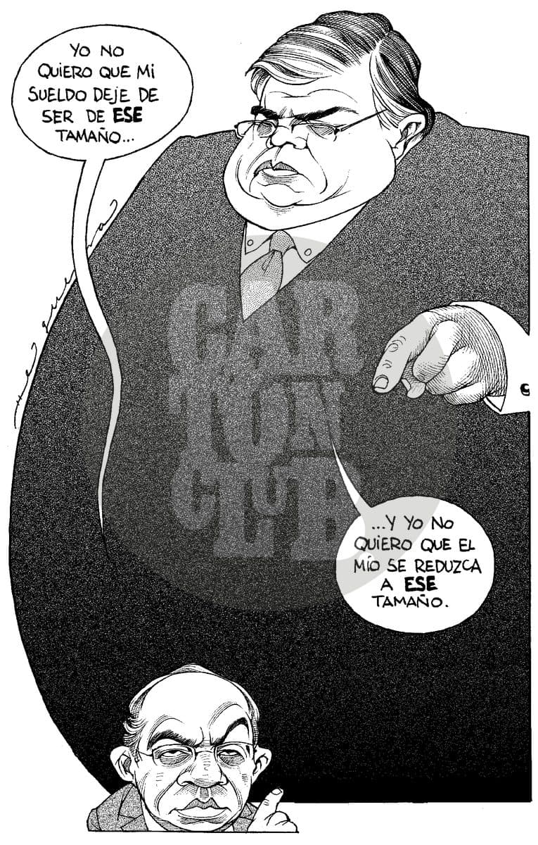 Un funcionario corpulento exige que su sueldo no se reduzca mientras otro más pequeño pide lo mismo, en crítica a la falta de austeridad en el gobierno.