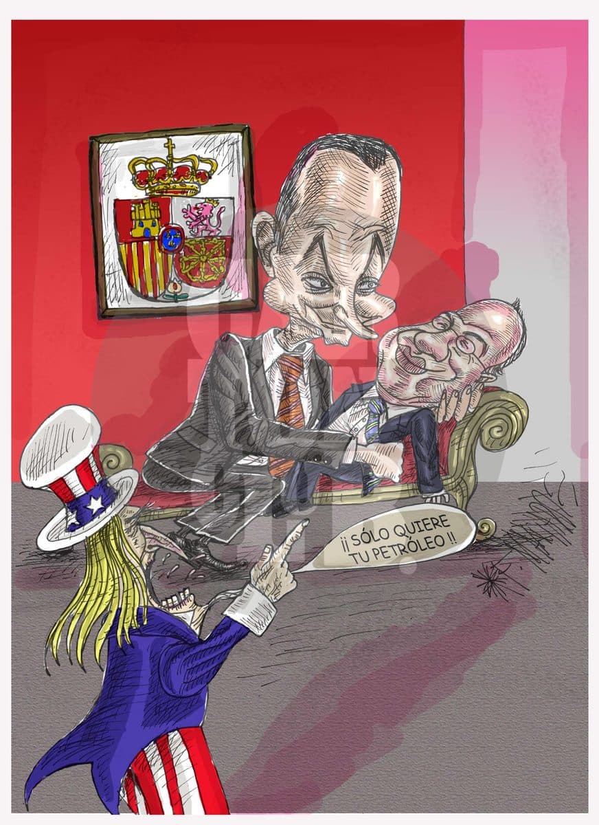 Bajo un escudo real, un hombre se recuesta junto a otro mientras el Tío Sam, celoso, advierte que solo quiere su petróleo, aludiendo a las relaciones internacionales por recursos energéticos.