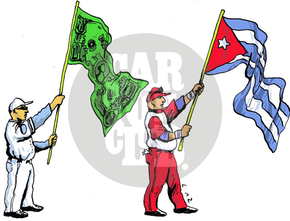 Dos beisbolistas ondean banderas, uno con un diseño de billete de dólar y otro con la bandera cubana, representando un enfrentamiento deportivo entre ambos países.