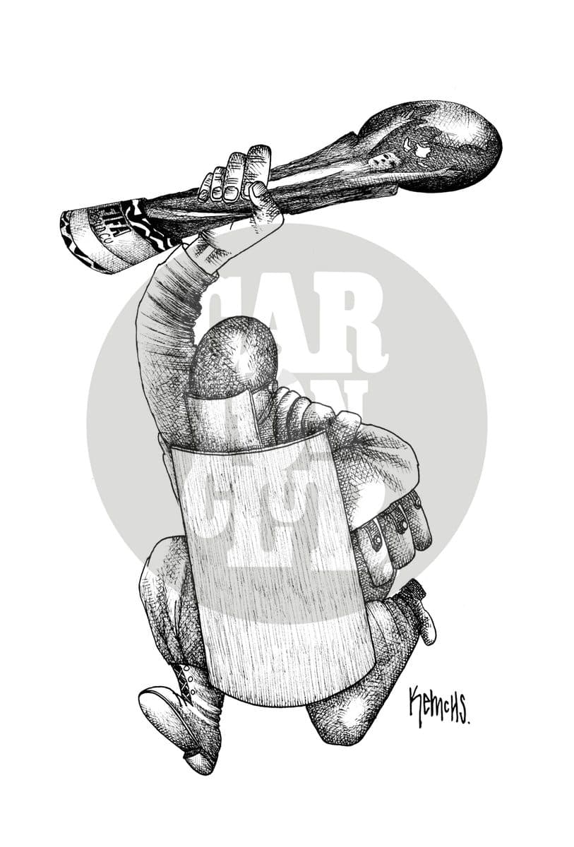 Con la copa en alto, cartón de Kemchs