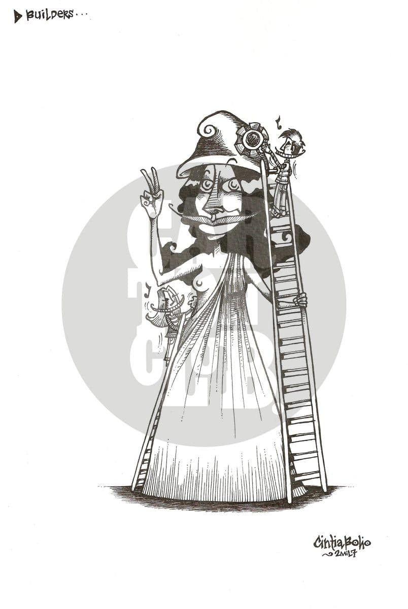 Una figura femenina fantástica con sombrero puntiagudo es decorada por pequeños personajes subidos en escaleras, en una escena de tono onírico.