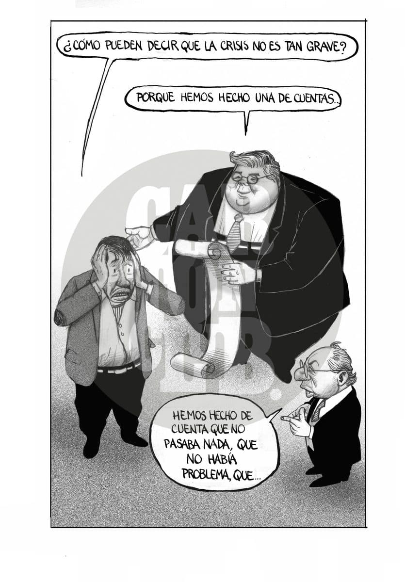 Un funcionario obeso intimida a un ciudadano asustado mientras sostiene un rollo de cuentas, ilustrando cómo se maquillan las cifras para negar la gravedad de la crisis.