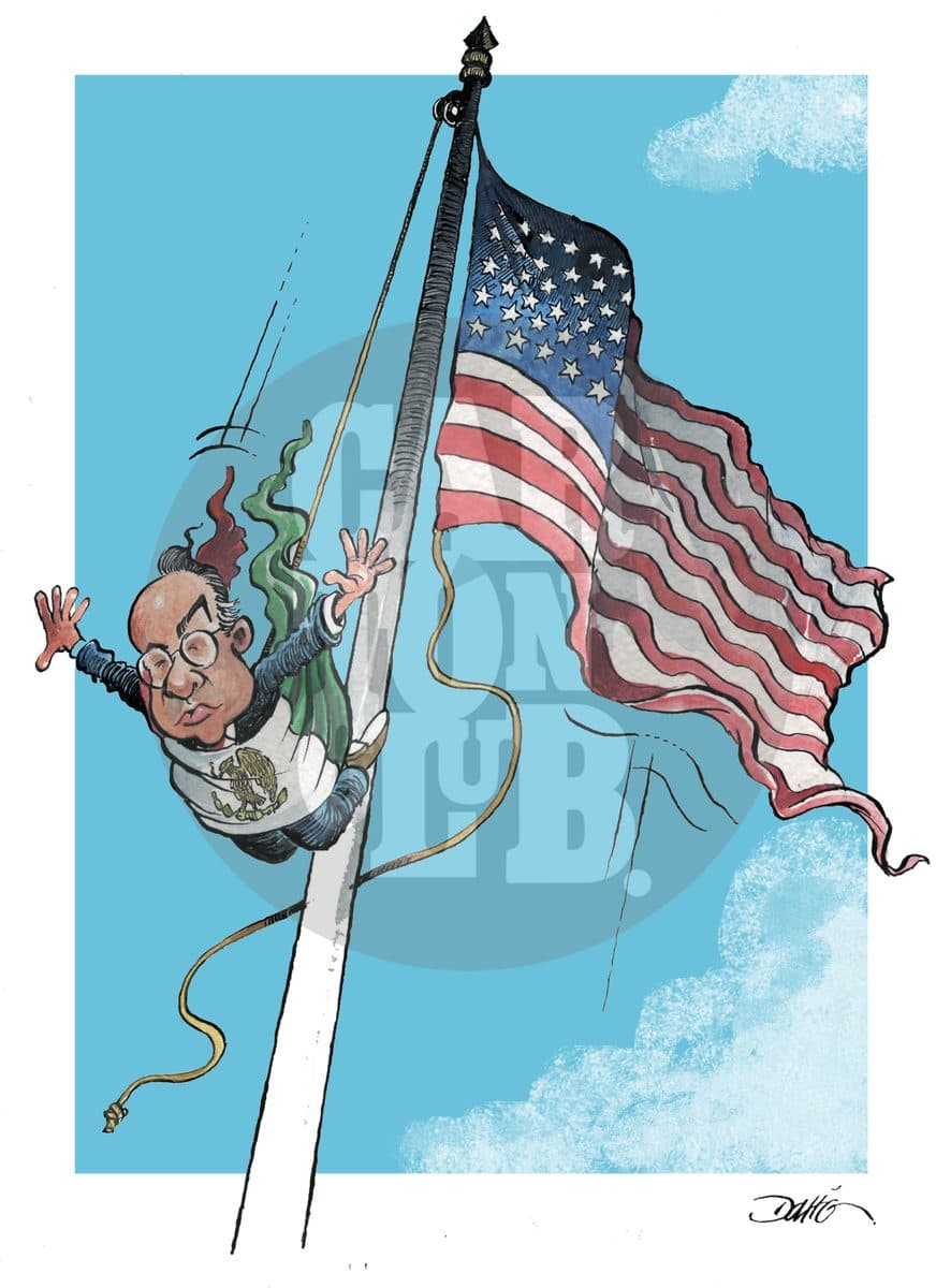 Un hombre envuelto en la bandera mexicana se aferra desesperadamente a un asta junto a una enorme bandera estadounidense, sugiriendo la hipocresía de quienes se dicen defensores de la patria mientras dependen de Estados Unidos.