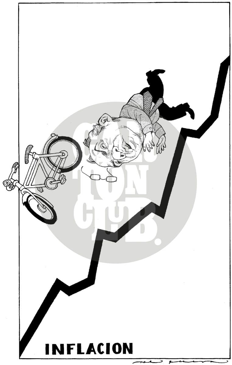 Un hombre cae de una bicicleta sobre una gráfica ascendente de inflación, comparando la crisis económica con un deporte extremo.