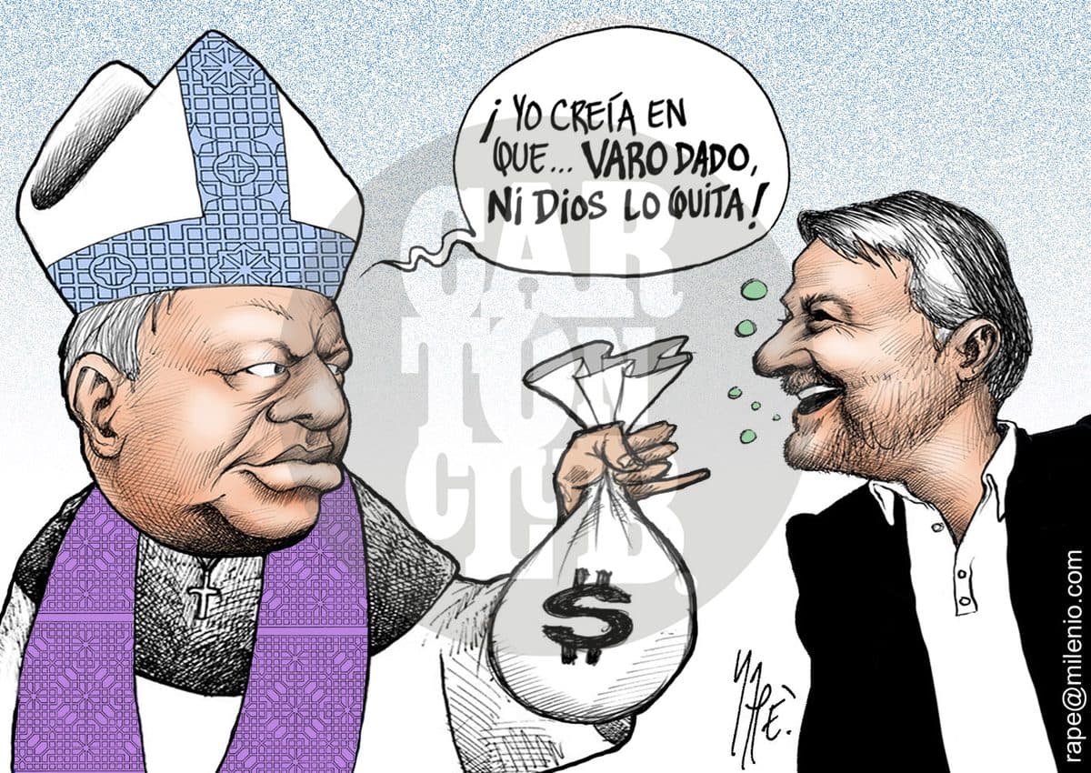 Un religioso entrega una bolsa de dinero a otro hombre que ríe, jugando con la frase de que el dinero recibido no se devuelve.