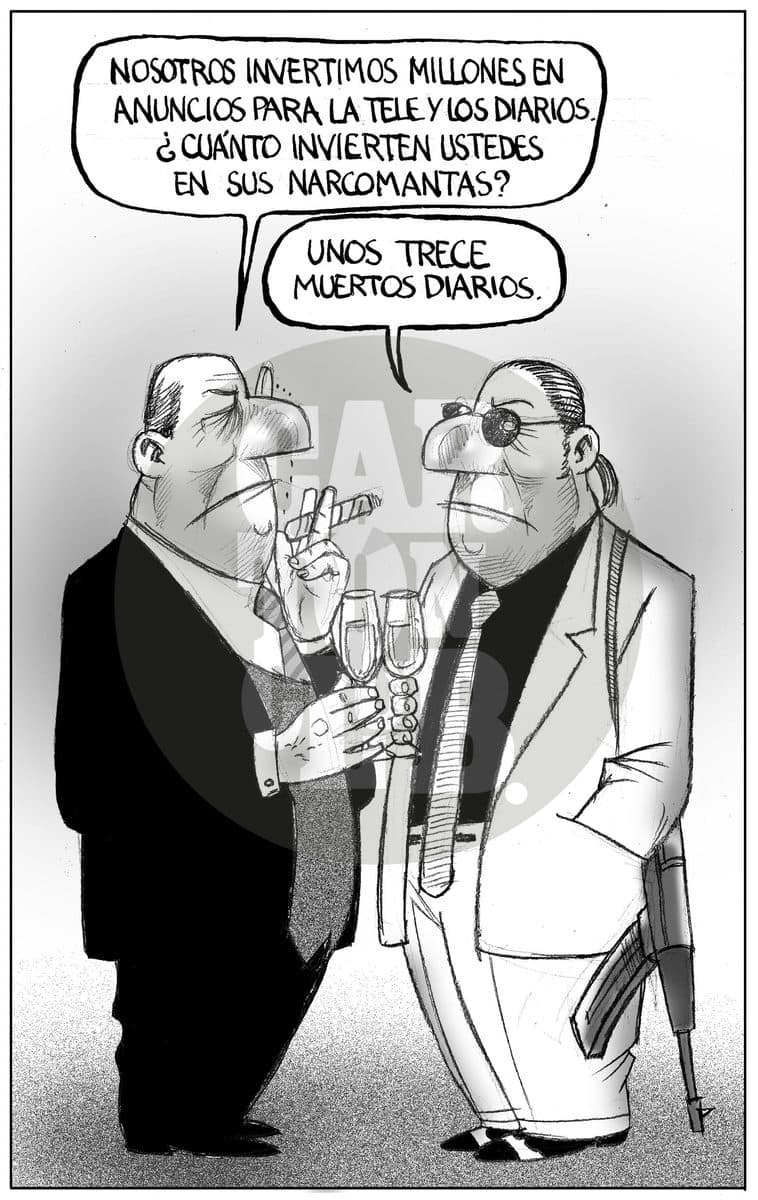 Discutiendo de Mercadotecnia, cartón de El Fisgón