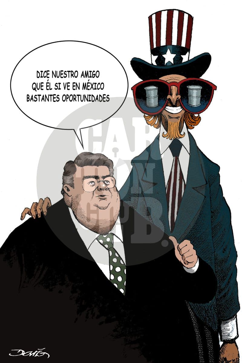 El Tío Sam, con barriles de petróleo reflejados en sus lentes, abraza a un funcionario mexicano mientras comenta que ve 'bastantes oportunidades' en México, aludiendo al interés extranjero en los recursos energéticos del país.