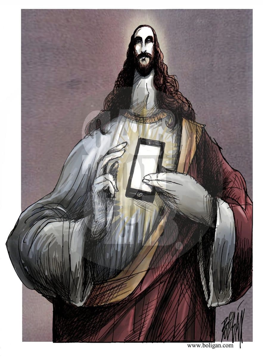 El celular de Jesús, cartón de Ángel Boligán
