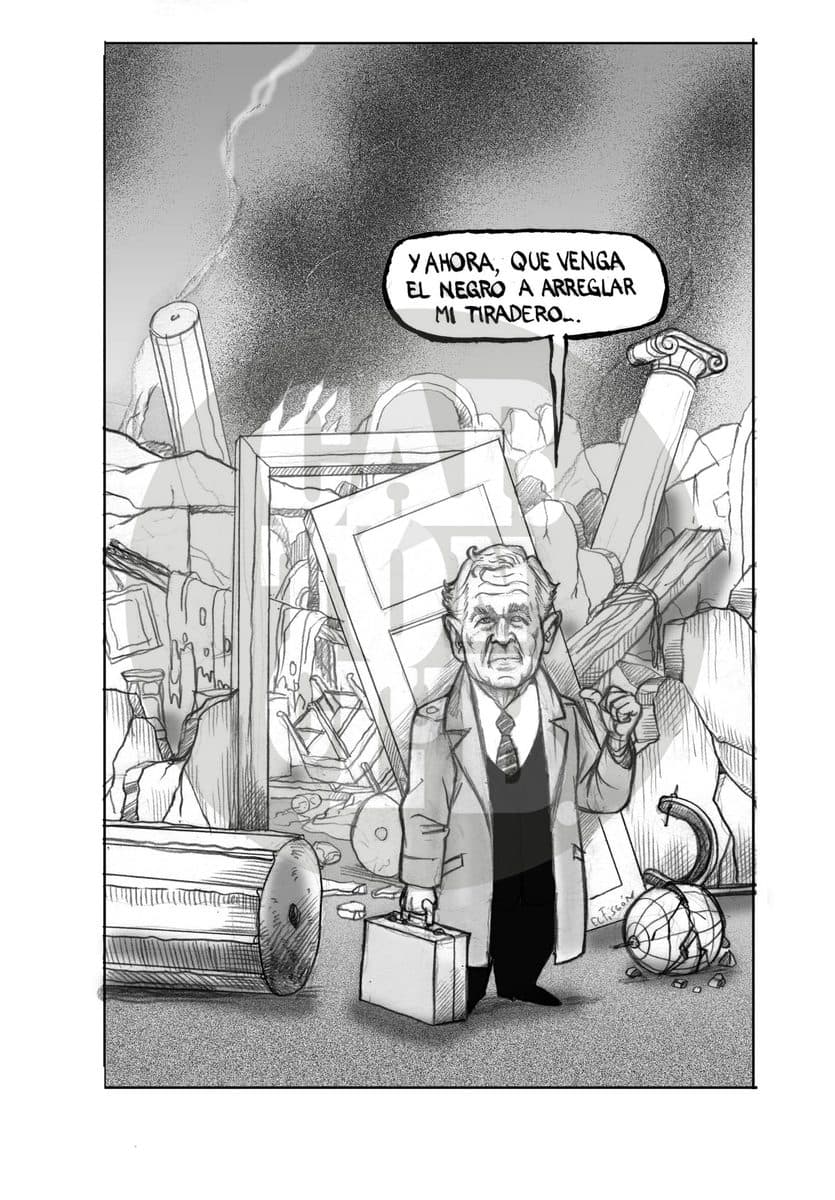 Un expresidente estadounidense abandona un escenario en ruinas humeantes con su maletín, comentando con sarcasmo que ahora le toca a su sucesor arreglar el desastre que deja.