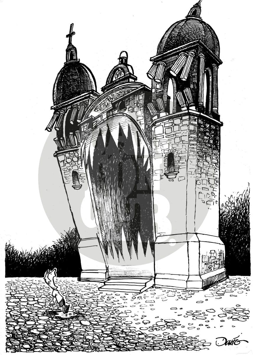 Una iglesia con torres transformadas en fauces monstruosas amenaza a una pequeña figura humana, sugiriendo que la institución religiosa se ha convertido en motivo de temor.