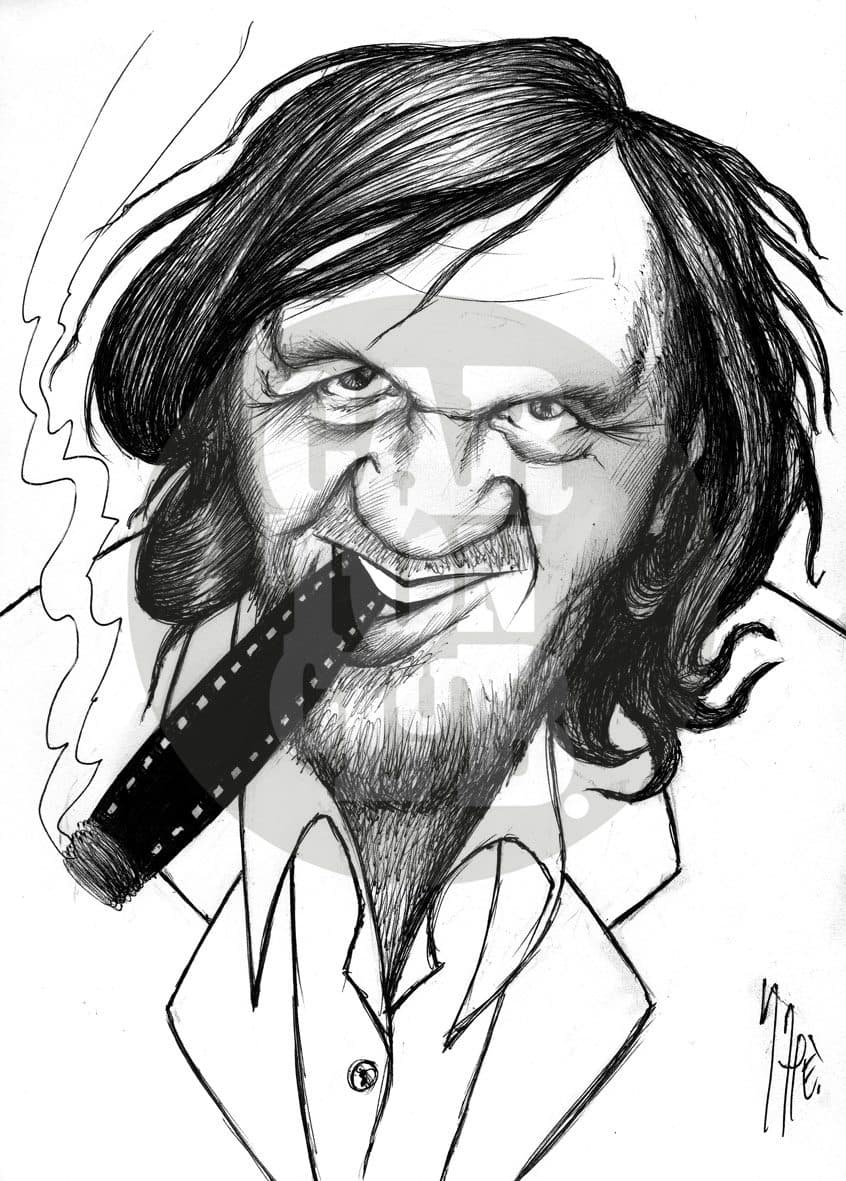 Retrato caricaturesco de un director de cine fumando un cigarro.