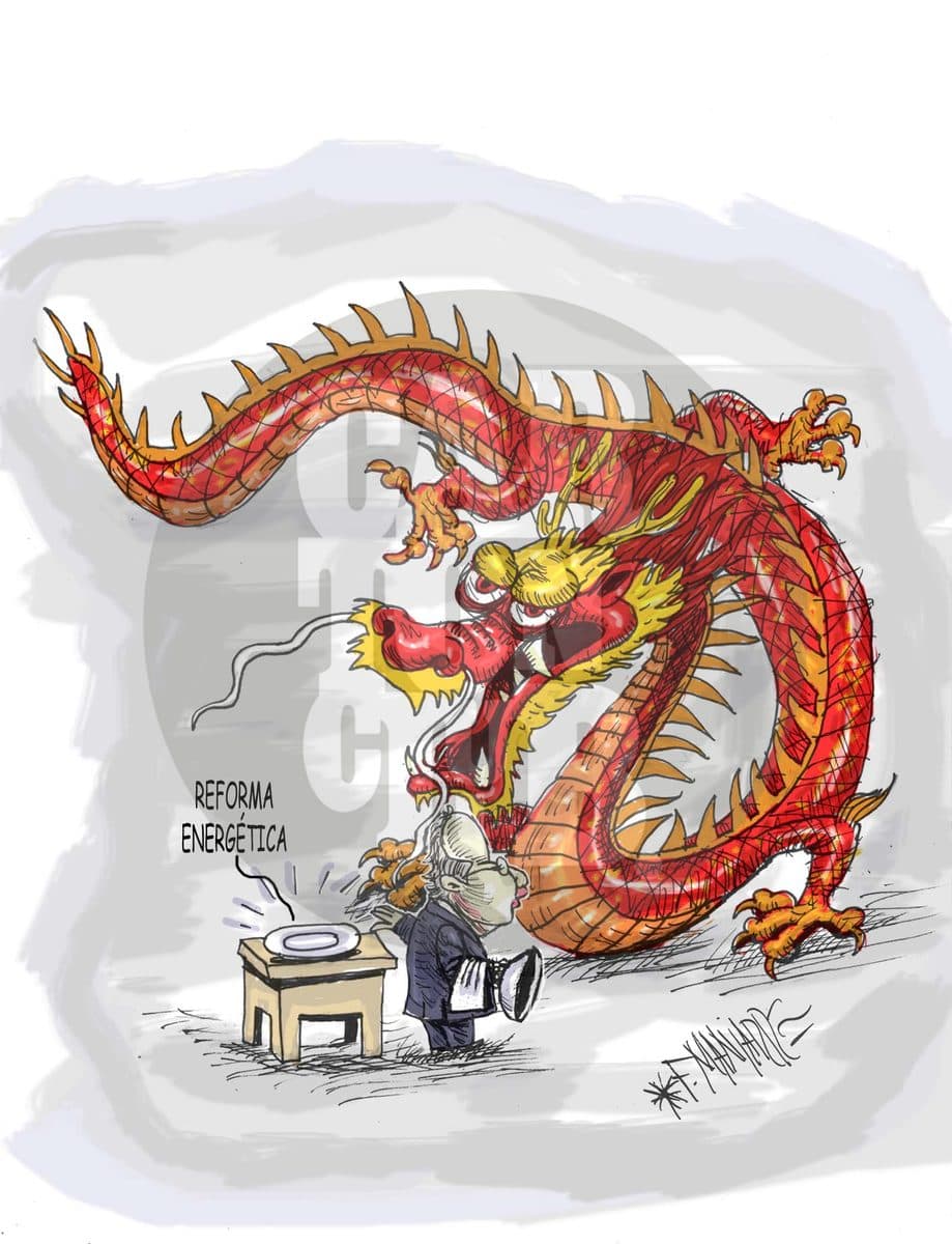 Un funcionario en un podio que dice 'Reforma Energética' es amenazado por un enorme dragón chino, aludiendo a la disputa sobre la apertura energética.