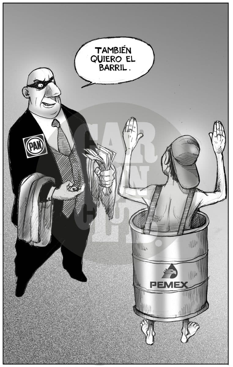 Un asaltante enmascarado con el logo del PAN roba a un trabajador que emerge de un barril de Pemex, aludiendo al saqueo de los recursos petroleros del país.