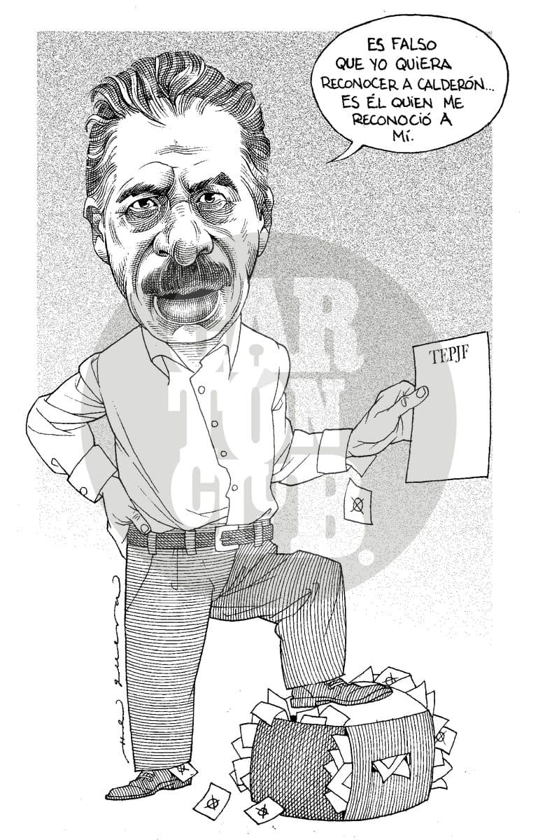 Un hombre de pie sobre una urna llena de boletas niega querer reconocer a Calderón, sosteniendo un documento del TEPJF, en referencia a la disputa poselectoral de 2006.