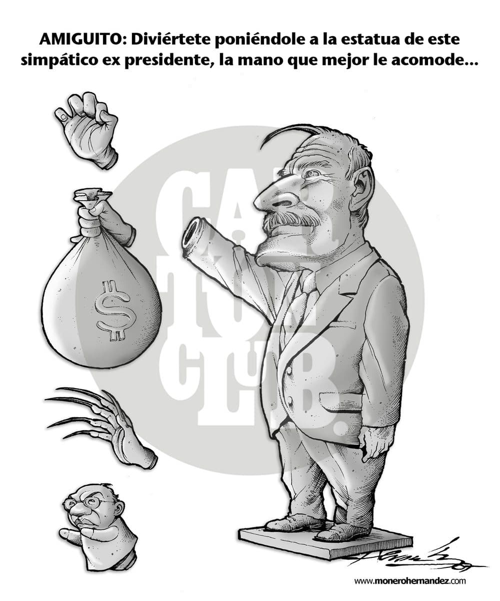 Una estatua de un expresidente aparece con manos intercambiables, entre ellas un puño, una garra y una mano que sostiene una bolsa de dinero, invitando al lector a elegir la que mejor le quede.