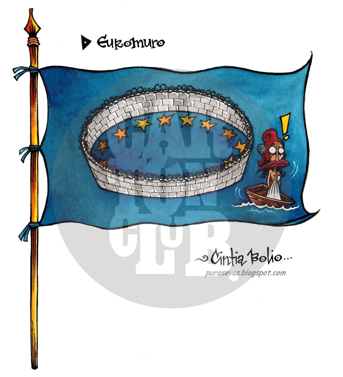 Una bandera de la Unión Europea muestra sus estrellas formando un muro que bloquea a una persona que llega en una pequeña embarcación, criticando las políticas migratorias europeas.