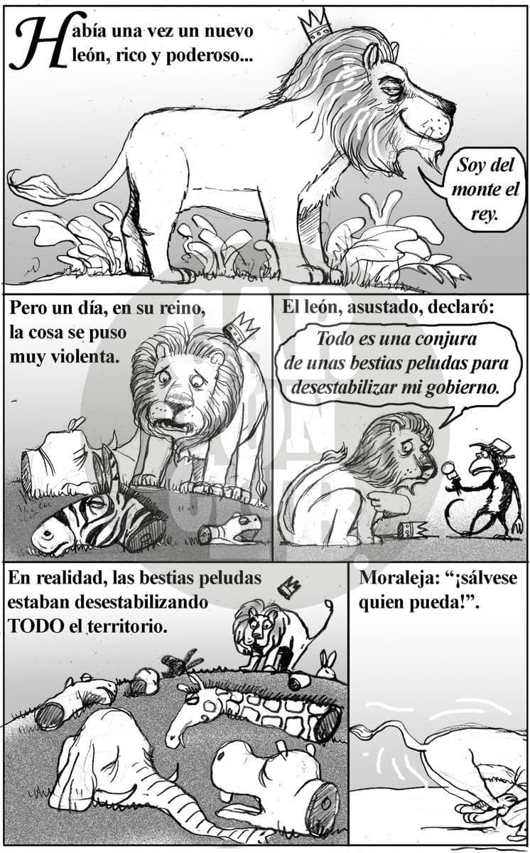 Fabula del Leon Nuevo, cartón de El Fisgón