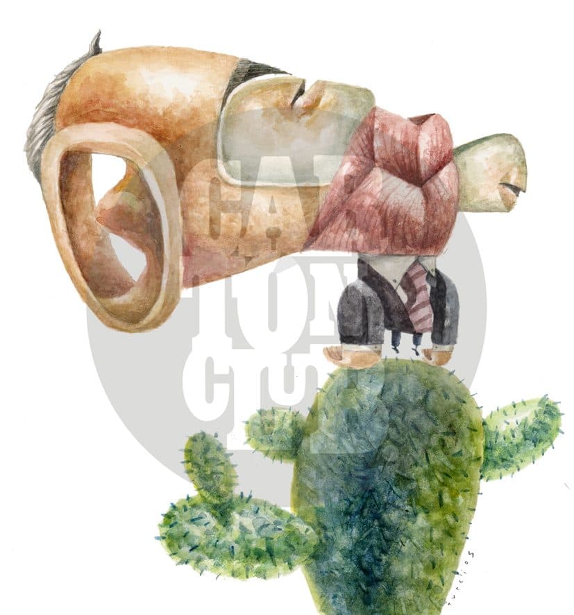 Caricatura surrealista de un hombre en traje formal de pie sobre un nopal, con rasgos faciales exagerados y fragmentados.