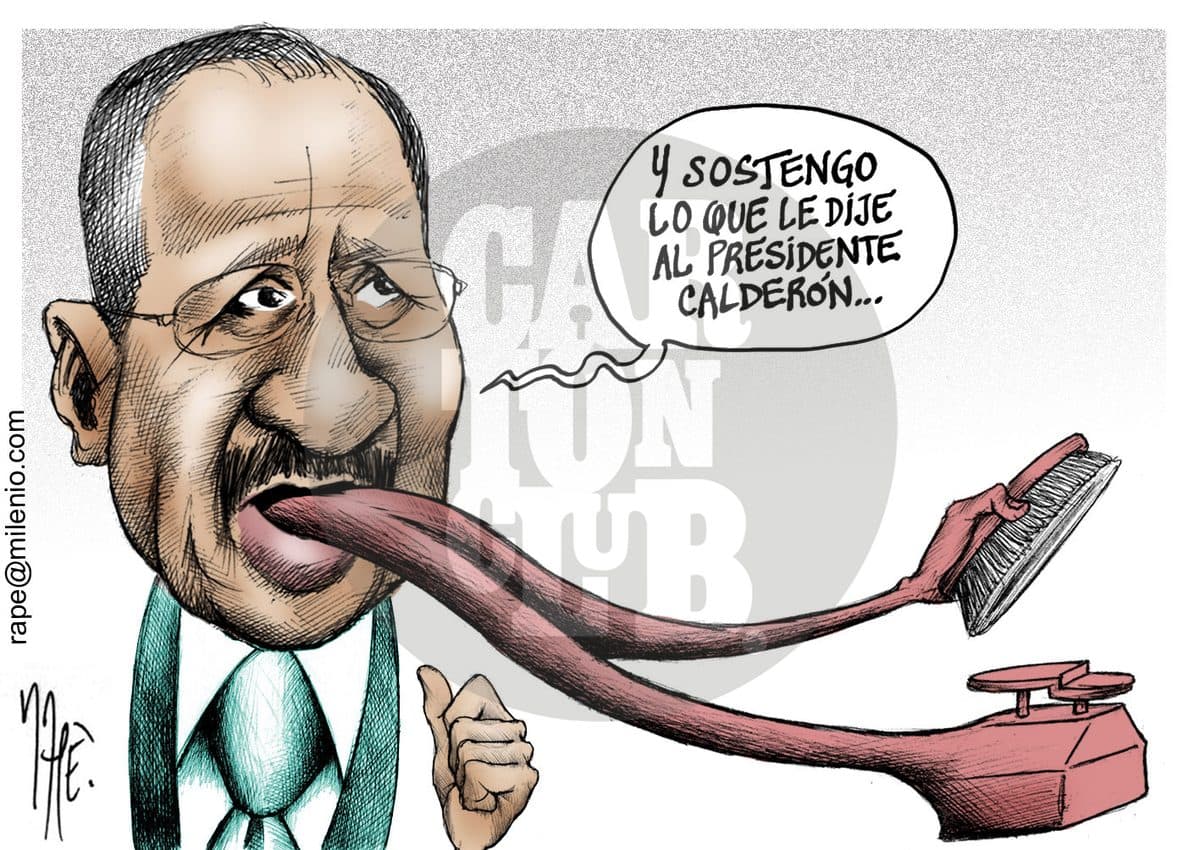 Un hombre con la lengua convertida en cepillo lustra un zapato mientras afirma sostener lo dicho al presidente, aludiendo a una actitud de servilismo político.