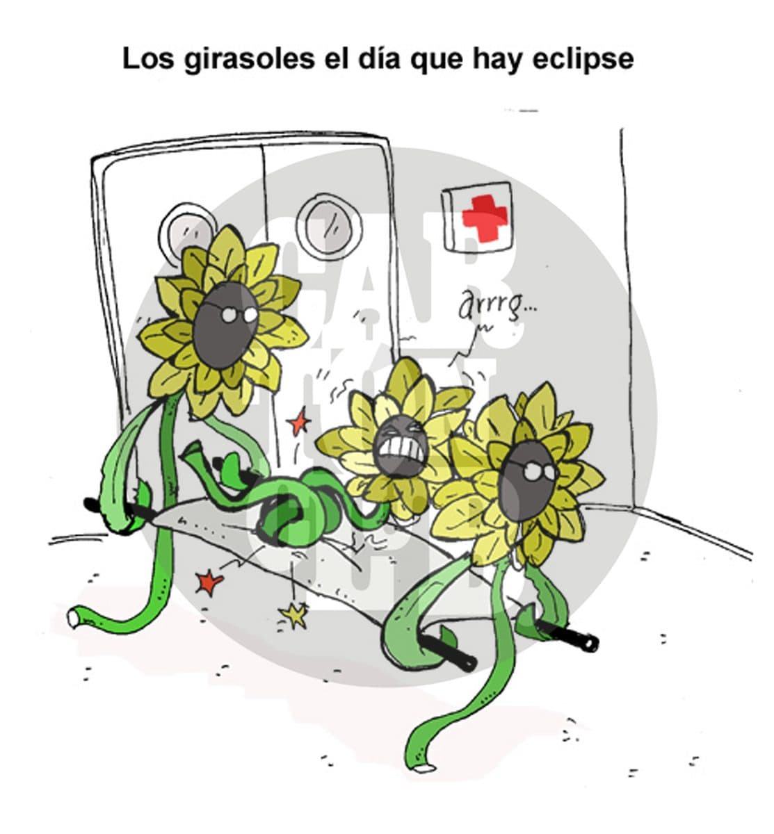 Girasoles con expresiones de dolor aparecen tendidos en una camilla frente a un elevador con un cartel de cruz roja, aludiendo humorísticamente a un eclipse.