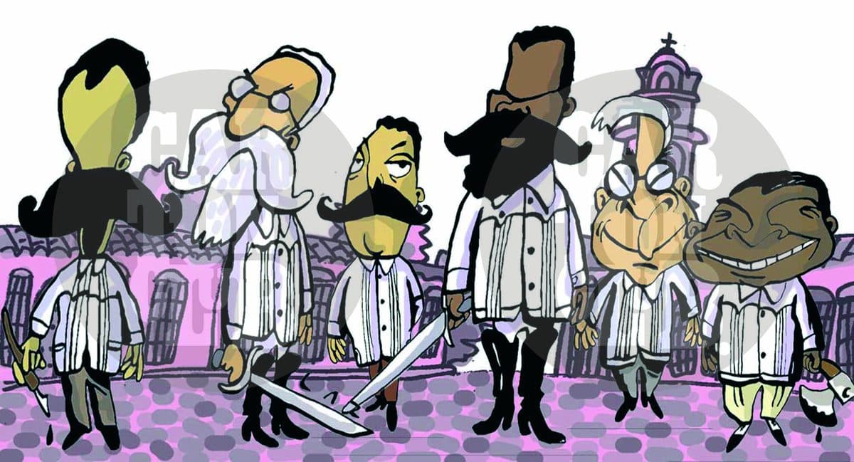 Un grupo de hombres con bigotes vestidos con guayabera se reúne en una calle de arquitectura colonial, evocando una escena histórica o costumbrista cubana.