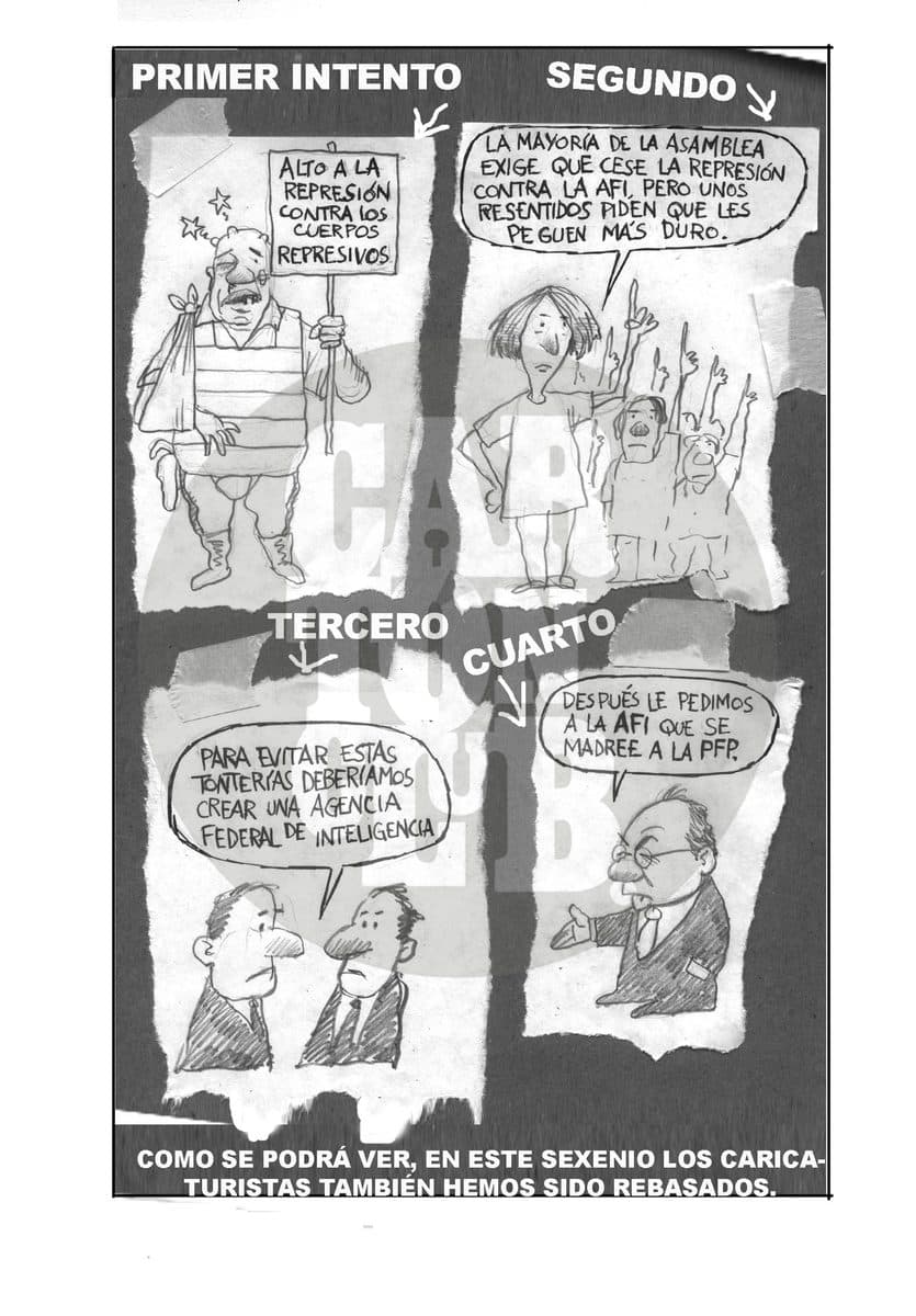 Una historieta en viñetas de papel roto narra el fracaso de sucesivos intentos por frenar la represión de los cuerpos policiacos.
