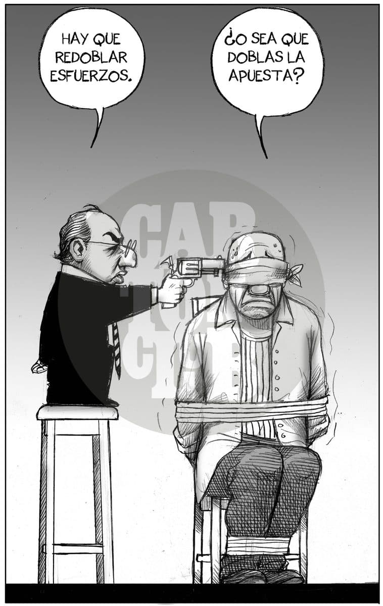 Jugando ruleta rusa, cartón de El Fisgón
