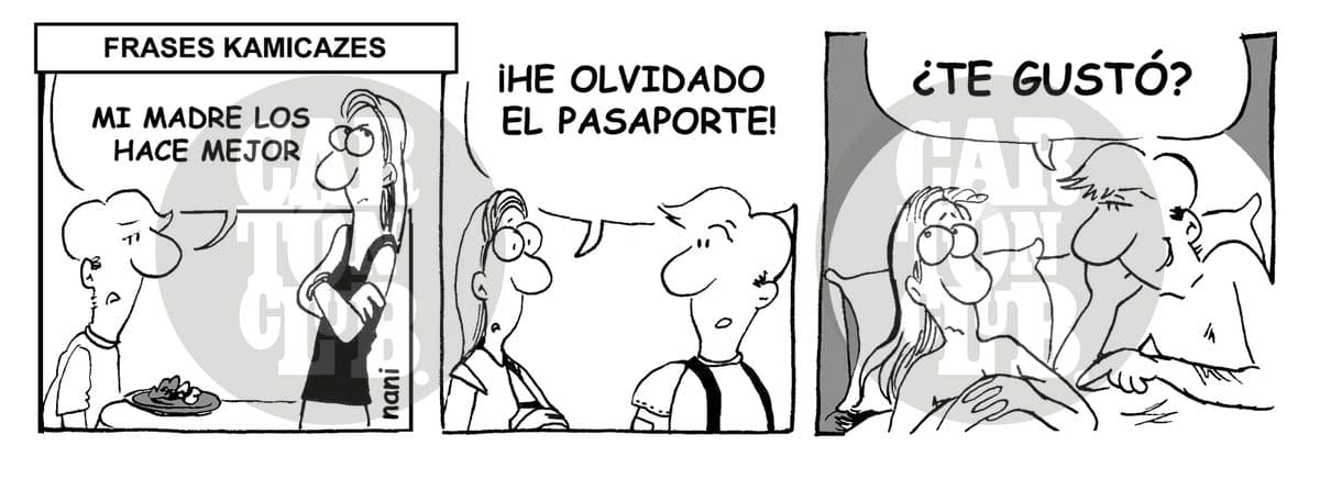 Tres viñetas humorísticas presentan frases arriesgadas en la vida de pareja, como decir la verdad sobre la comida de la suegra, olvidar el pasaporte y preguntar sobre la intimidad.