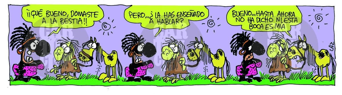 Un hombre prehistórico presume de haber domado a una fiera y bromea sobre que no le ha enseñado a hablar, con un tono de humor sobre el sometimiento.