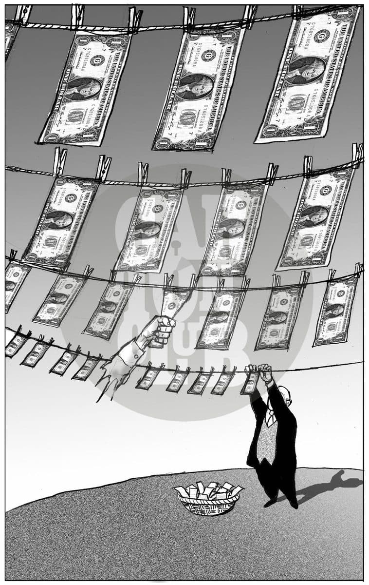 Un hombre de traje cuelga billetes de dólar en un tendedero como si los lavara, aludiendo al lavado de dinero.