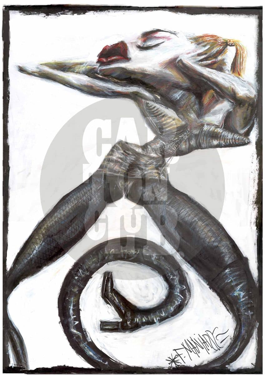 Representación estilizada y sinuosa de la cantante, cuyo cuerpo se enrosca como una serpiente.