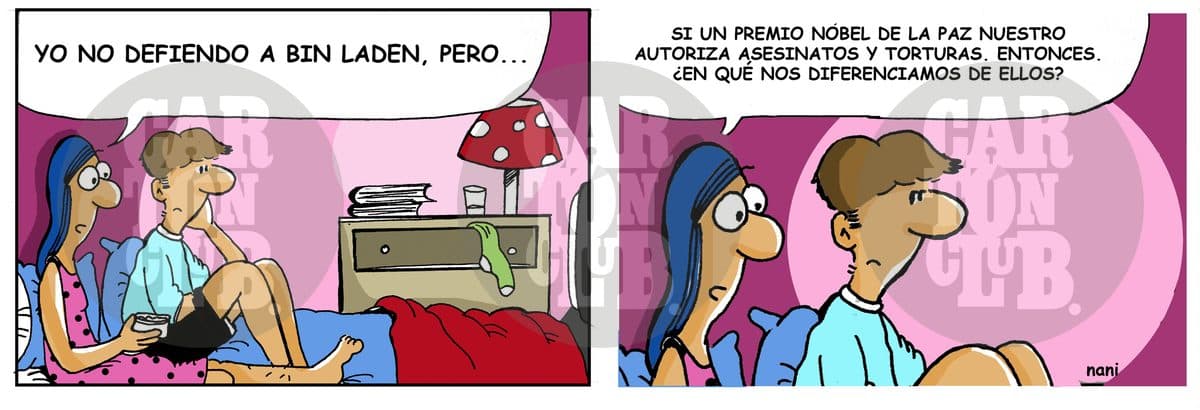 Una pareja comenta sobre la muerte de Bin Laden y cuestiona la contradicción de que un premio Nobel de la Paz autorice asesinatos y torturas.