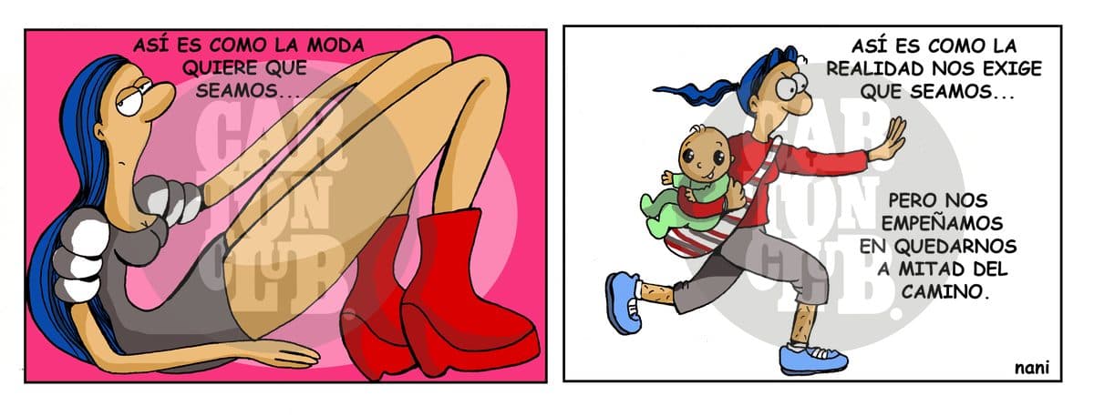 Se contrasta la imagen idealizada de mujer que impone la moda con la realidad de una madre corriendo agobiada con su bebé.