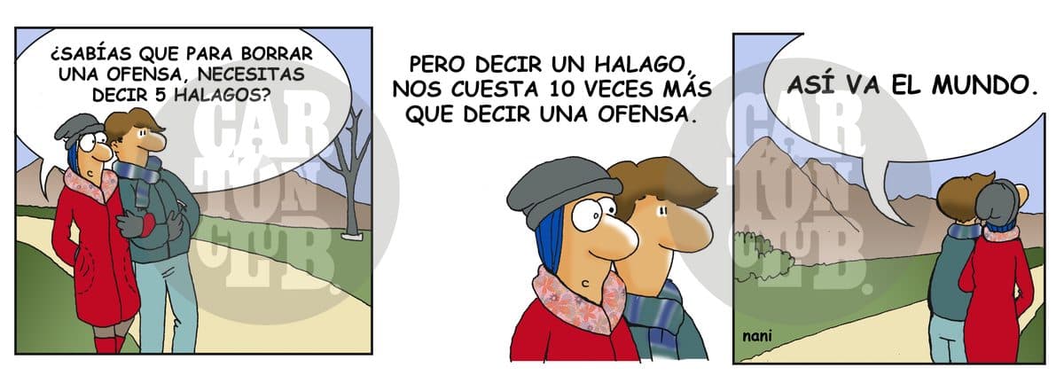 Una pareja camina mientras reflexiona irónicamente en que cuesta mucho más esfuerzo halagar a alguien que ofenderlo, resumiéndolo como una crítica social.
