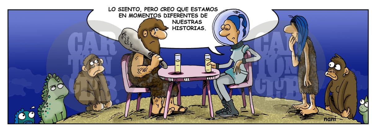 Un hombre prehistórico y una mujer futurista conversan en una cita, evidenciando que están en momentos distintos de sus historias.