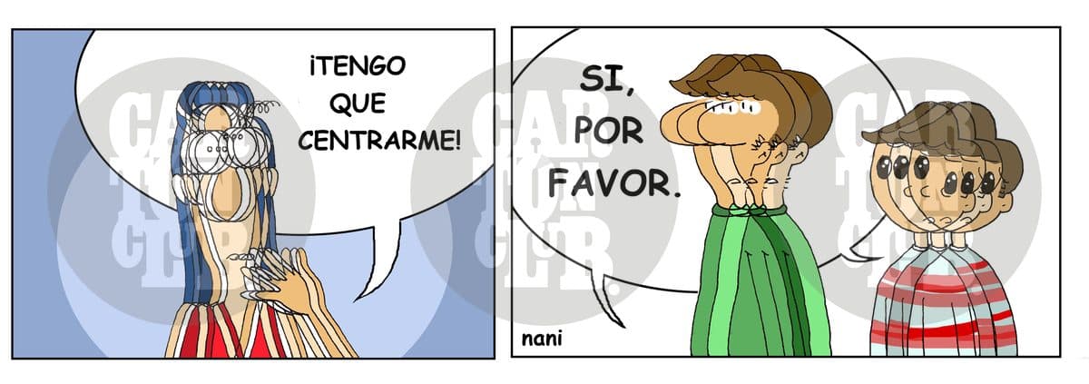 Una mujer afirma que debe concentrarse mientras, en otra viñeta, dos niños dibujados con un efecto de movimiento borroso responden afirmativamente a algo que no se muestra.