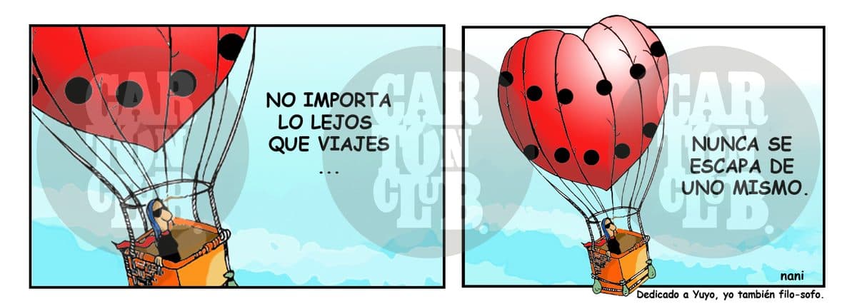 Un globo aerostático en forma de corazón viaja por el cielo mientras el texto dice que no importa lo lejos que se viaje, nunca se escapa de uno mismo.