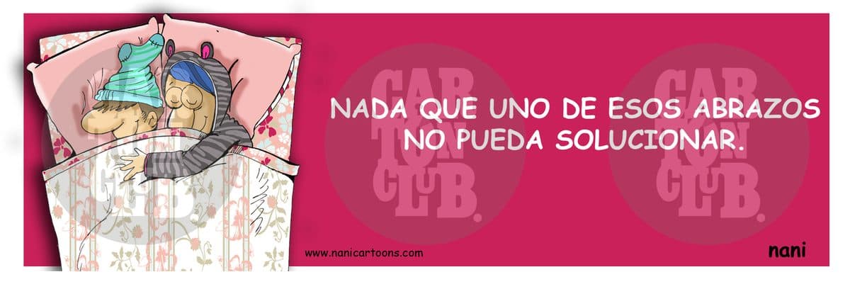 Una pareja duerme abrazada mientras el texto celebra que un abrazo puede solucionarlo todo.