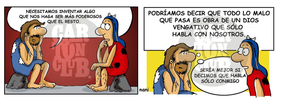 Dos personas de la prehistoria conversan sobre inventar una religión que las haga más poderosas que el resto.