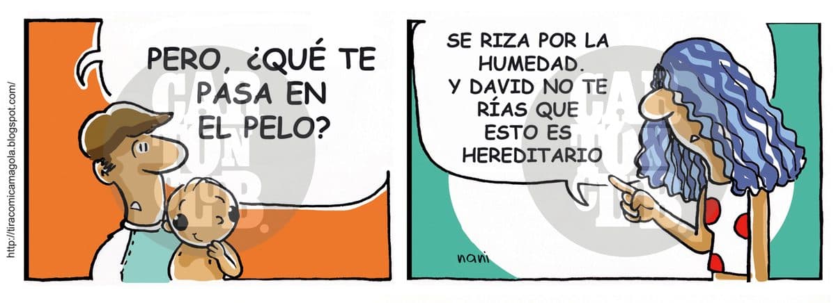 Un padre pregunta qué le pasa en el pelo a su bebé y su pareja explica, entre risas, que el pelo rizado es hereditario.