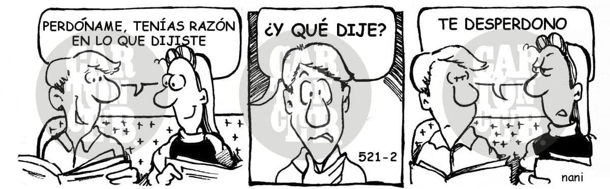 Un hombre pide perdón reconociendo que su pareja tenía razón, y al preguntar qué había dicho ella, esta responde con humor que lo 'desperdona'.