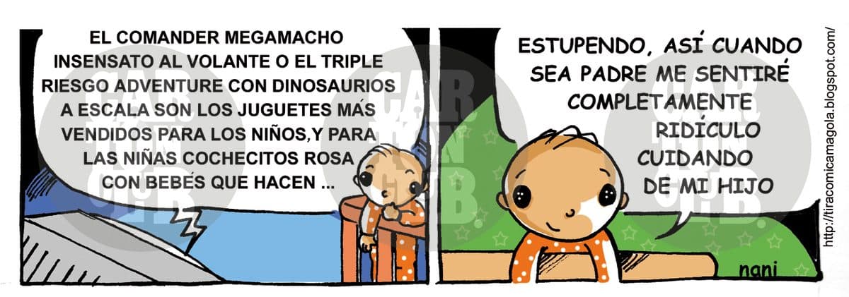 Un niño describe los juguetes de moda diferenciados para niños y niñas, y un bebé comenta con ironía que eso lo hará sentirse ridículo cuando sea padre.