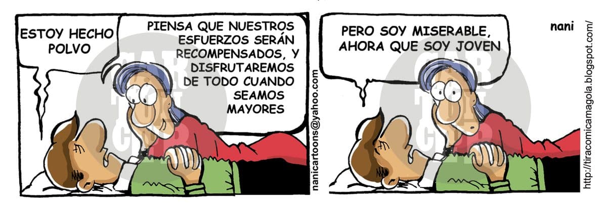 Una pareja en la cama habla sobre sacrificarse en el presente esperando una recompensa futura, mientras uno confiesa sentirse infeliz siendo joven.